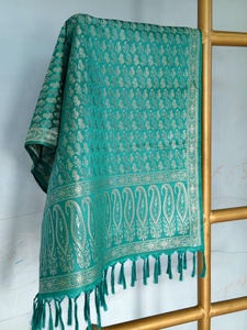 Turquoise <b>Women</b> Silk Jacquard Prayer <b>Shawl</b> with Woven Paisley Border and Tassels - Product Image 2