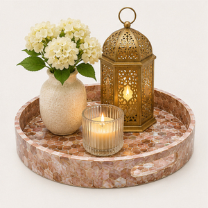 Plateau rond artisanal en nacre, mosaïque nid d'abeille, plateau décoratif avec poignées pour table basse, décoration intérieure - Product Image 6