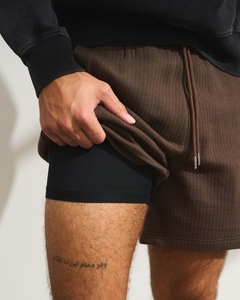 Men Ribbed Cotton Shorts Built In Compression Liner Zipper Pocket Elastic Waist Drawstring Casual Fitness Shorts OEM ODM - Product Image 2