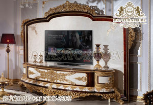 Unidad de televisión tallada a mano de madera de teca exclusiva, soporte de TV antiguo de estilo francés para el hogar, soporte de TV de madera de teca clásico para el hogar - Product Image 5