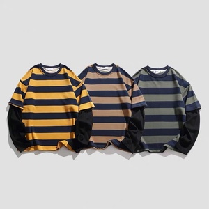 High Quality Custom logo DTG Print Long Sleeves Oversized Men French Terry Double Layer Stripe <b>Patchwork</b> Causal <b>Shirt</b> - Product Image 3