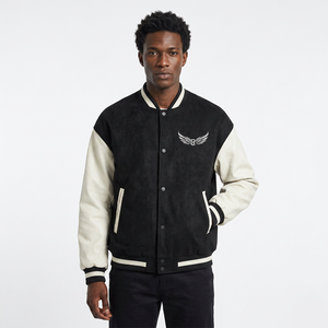 Blouson universitaire imperméable noir pour homme, broderie aile, coupe droite, style décontracté, col rabattable, fermeture éclair - Product Image 3