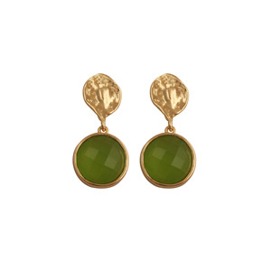 Prehnite Gemstone Hammered Textured Round Cut Gold Plated Brass Drop <b>Earrings</b> Trendy for Women <b>Small</b> Gift Ideas - Product Image 1