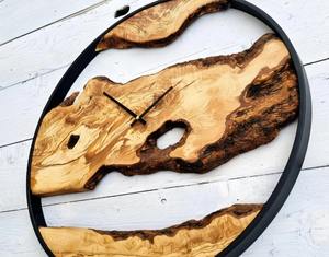 Reloj de Pared Rústico con Borde Natural de Madera de Olivo y Cuarzo, Marco de Metal Negro Extra Grande, Decoración Moderna Estilo Granja - Product Image 5