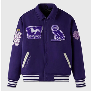<b>Men's</b> <b>Purple</b> Varsity Jacket Regular Fit Turn-down Collar Single Breasted Embroidered Patch Design Preppy Style Autumn Wear - Product Image 1