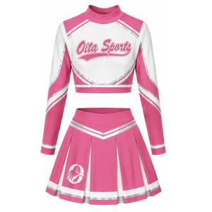Pink <b>White</b> Sublimated Cheer <b>Long</b> Sleeve Uniform Set Pleated <b>Skirt</b> Team Athletic Sportswear Training Practice Performance - Product Image 2