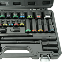 Vente en gros usine : Kit combiné de 31 pièces de douilles à chocs profondes métriques, clé à cliquet 72 dents et douilles pour clé à chocs pneumatique à anneaux de couleur