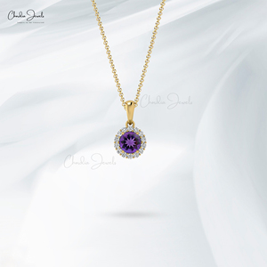 Luxury Prong-Set 4mm Amethyst & Diamond Halo <b>Pendant</b> 14k <b>Solid</b> <b>Gold</b> Charm <b>Pendant</b> Necklace Double Birthstone Gift for Her - Product Image 6