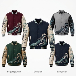 Veste universitaire décontractée à bas prix avec broderie d'art japonais à motif vague, corps en laine et manches en cuir PU, pour l'hiver et le streetwear - Product Image 6