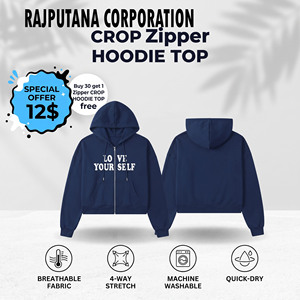 Women's Winter Wear Zip-Up Sweat Hooded Crop <b>Top</b> 100% Cotton Printed Solid Color Breathable Fashion Wear <b>Zipper</b> Hood Crop <b>Top</b> - Product Image 1