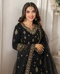 Black Embroidered Indian Pakistani Set Long <b>Top</b> Palazzo Dupatta <b>Net</b> Party Outfit for Wedding Banquet - Product Image 2