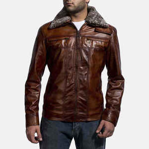 Blouson bomber en cuir véritable marron pour homme, doublé en sherpa, fermeture éclair, vêtement d'extérieur d'hiver, décontracté - Product Image 6