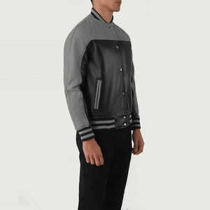 Men's <b>Black</b> Gray Woolen Waterproof Reversible Streetwear Winter Bomber Jacket Stand Collar Snap <b>Button</b> Spliced Sporty - Product Image 6