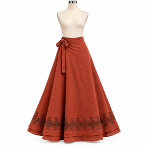 Terracotta Cotton <b>Wrap</b> <b>Skirt</b> | Womens Boho Tie Waist A Line <b>Maxi</b> <b>Skirt</b> Ethnic Border Print Casual Vacation Resort Summer Daywear - Product Image 1