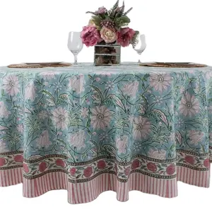 Ice Blue Kelly Green Flamingo Pink Round Tablecloth Indian Hand Block Printed Cotton Tablecloth Table Cover Home Party