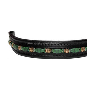 Black Padded Comfortable & Durable Leather Horse Brow Band Emerald Green <b>Beaded</b> Chain and Crystals Decorative Bridle Brow Band - Product Image 3