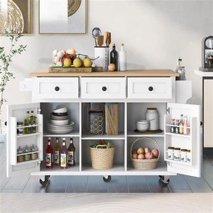 5 Wheels Kitchen Island with Rubber Wood Drop Leaf Countertop Cabinet Door Internal Storage Racks Kitchen Cart - Product Image 1