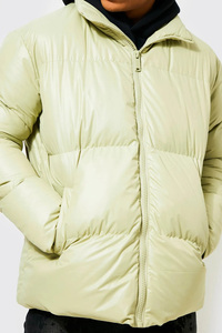 <b>Men's</b> <b>Light</b> Green Puffer <b>Jacket</b> With Custom Logo Front Stand Collar Zipper Closure Windproof Casual Winter Wear and online sale - Product Image 6