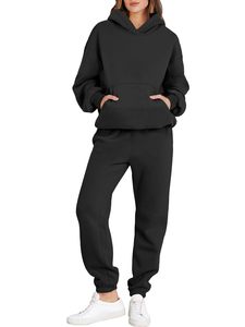 Women's Blue Hooded Sweatshirt Set Loose Fit Solid Color Fleece Two Piece Casual Outfit Full Length Pants and Long Sleeve <b>Top</b> - Product Image 3