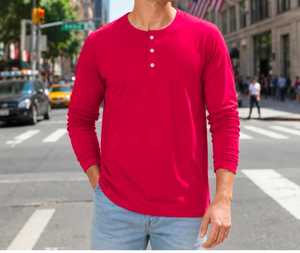 เสื้อเชิ้ตแขนยาวสีแดงล้วนสำหรับผู้ชาย ทรงปกติ คอโอ ผ้าโพลีเอสเตอร์/คอตตอน กันยับ เป็นมิตรกับสิ่งแวดล้อม - Product Image 1