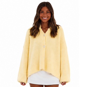 2026 Women's Yellow V-Neck Knitted Cardigan Full Sleeve Button Closure Casual Autumn Wear Thick Acrylic Sweater Long Lantern - Product Image 2