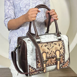 Bolso de mano estilo Speedy de cuero repujado a mano de piel de vaca occidental para mujer, bandolera de cuero con pelo, bolsos de lona medianos - Product Image 5