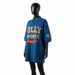 Camiseta polo transpirable para mujer, de algodón piqué GSM grueso, color azul oscuro, corte holgado, con logo personalizado impreso en caliente. Camisetas polo para mujer. - Product Image 4