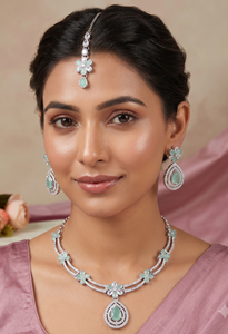 <b>Silver</b> Plated Teardrop Stone Necklace <b>Set</b> With Dangle Earrings And Tika Floral Cubic Zirconia Party Wear Jewelry <b>Set</b> Collections - Product Image 4