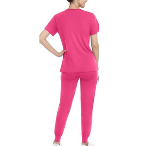 Conjunto de Uniforme Médico para Mujer, Color Rosa, Top con Cuello en V y Bolsillo, Pantalones Jogger, Tejido de Algodón y Poliéster - Product Image 2