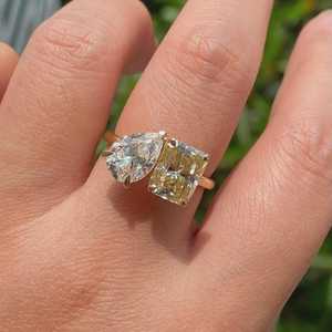 2CT Yellow Radiant And 2CT White Pear Moissanite Toi Et Moi <b>Ring</b> Women's 10K Yellow Gold Wedding <b>Proposal</b> Gift For Girlfriends - Product Image 4