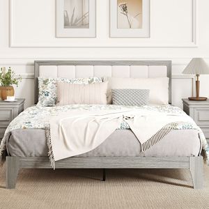 Letto Queen Size con Testiera Imbottita Grigia, Struttura a Piattaforma con Doghe in Legno, Facile Montaggio, Non Richiede Rete a Doghe - Product Image 2