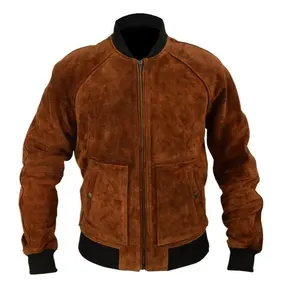 男士棕色真人绒面皮夹克经典柔软修身骑自行车风格皮夹克白兰度夹克，皮衬衫，个性