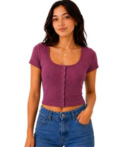 Magenta Purple Women Ribbed Knit <b>Crop</b> <b>Top</b> Short Sleeve Button Front Slim Fit Square Neck Casual Summer Cotton T Shirt Blouse - Product Image 1