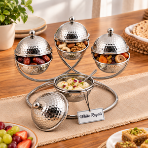 Élégant ensemble de service pour fruits secs en argent avec 4 bols en acier martelé à couvercle et support métallique pour dattes, bonbons, collations – Vaisselle de table - Product Image 4