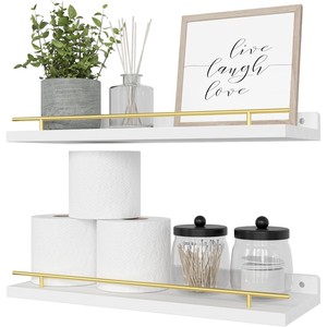 Elegant Floating <b>Shelf</b> with <b>Gold</b>-Metal Accents | Teak Wood | Wholesale - Product Image 1