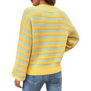 Custom Knitted Striped Women Sweaters Yellow Blue Drop Shoulder Lantern Sleeve Crewneck Breathable Soft Acrylics <b>Jumpers</b> - Product Image 2