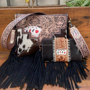 Sac en cuir de vachette repoussé à la main Western Fringe Crossbody Aces Purse Hand Tooled Leather Floral Aces Bi-fold Wallet Women Set - Product Image 2