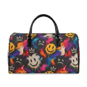 Sac de voyage en PU avec fermeture éclair, imprimé visage souriant coloré, grande capacité, sac de week-end - Product Image 1