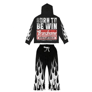 Ensemble de survêtement personnalisé avec imprimé flamme, sweat à capuche et pantalon à cordon de serrage, unisexe, style streetwear, tenue décontractée de printemps - Product Image 2
