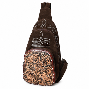 Handcrafted Western <b>Tooled</b> Leather Sling Chest Bag for Women Vintage Floral Crossbody <b>Backpack</b> Premium Suede Everyday Travel - Product Image 1