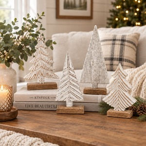 Vintage Distressed <b>White</b> Wooden <b>Christmas</b> <b>Tree</b> Set Hand Carved Rustic Tabletop Pine <b>Tree</b> Figurine Farmhouse Xmas <b>Decor</b> - Product Image 4