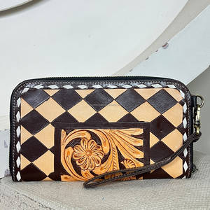 Rustic 2026 Fashion Tooled Leather Clutch Purse Floral Checkered Pattern Credit <b>Card</b> <b>Holder</b> Wallet Handmade Genuine Leather - Product Image 3