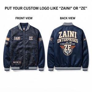 <b>Men</b> Bomber <b>Jacket</b> Premium Polyester Shell 140 GSM Navy Blue <b>Camo</b> Panels Ribbed Collar Custom Embroidery Patches Streetwear Style - Product Image 1
