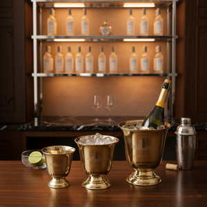 Juego de Cubitera de Lujo en Oro Champán con Pedestal, Enfriador de Vino y Champán de Metal Premium, Artículos Decorativos para Bar - Product Image 1
