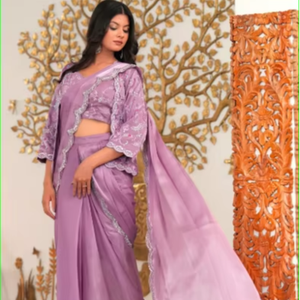 Chaqueta bordada a mano con diseño de lavanda y Saree pre-drapeado - Product Image 1