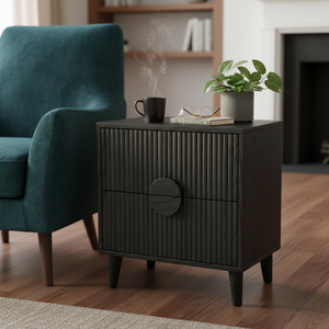 Table basse moderne et durable avec 2 tiroirs, en bois d'hévéa, MDF, placage de chêne, poignée en bois, marque PKP, garantie 1 an - Product Image 2