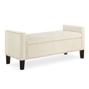 Banco tapizado en crema con botones capitoné y almacenamiento, con adornos de clavos, asiento acolchado suave para entrada, sala de estar, reposabrazos, banco de cama - Product Image 2