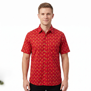 เสื้อเชิ้ตลำลองแขนสั้นพิมพ์ลายสีแดงสำหรับผู้ชายพร้อมปกพับลงผ้าฝ้ายสำหรับใส่ในฤดูร้อน - Product Image 1