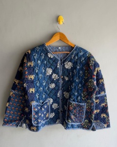 Quilted Jacket Women's Blue <b>Animal</b> Print Cotton V-Neck Three Quarter Sleeve Autumn Style gift <b>for</b> her - Product Image 1