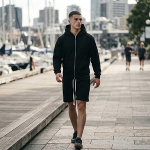 Custom Black Men Tracksuit Zip Up Hoodie and Wide Leg <b>Shorts</b> Streetwear Jogger Set Casual Sportswear - Product Image 5